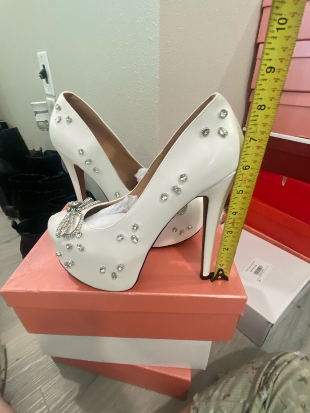 White Crystal Embellished Platform Pumps - Women's Heels